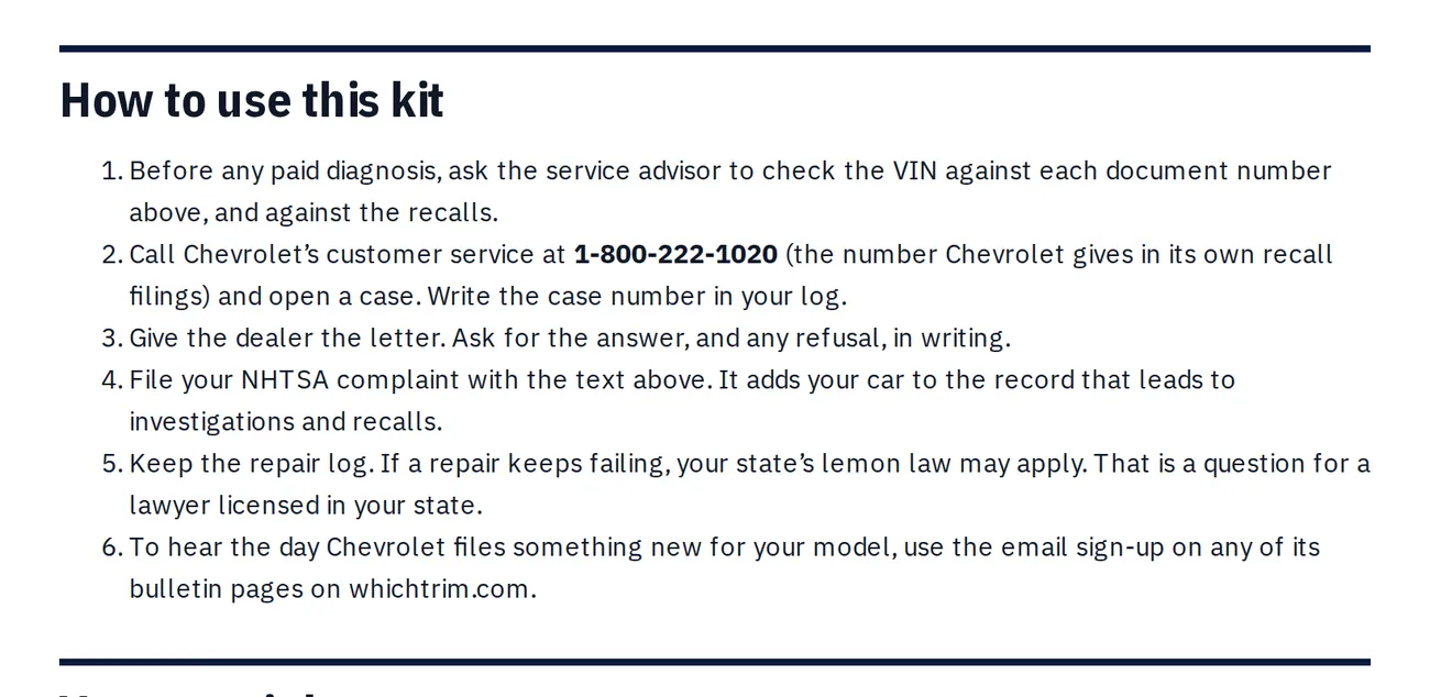 The steps from the sample kit, with the manufacturer's customer-service number